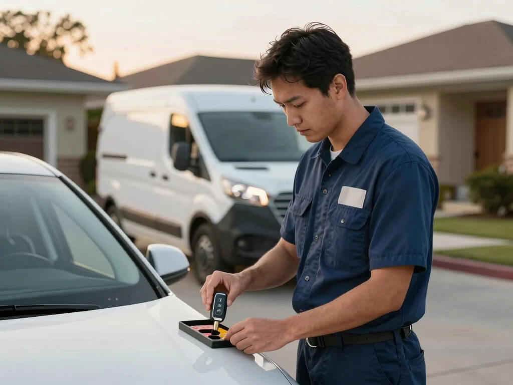 Licensed locksmith doing key programming on a car in Brooklyn NY