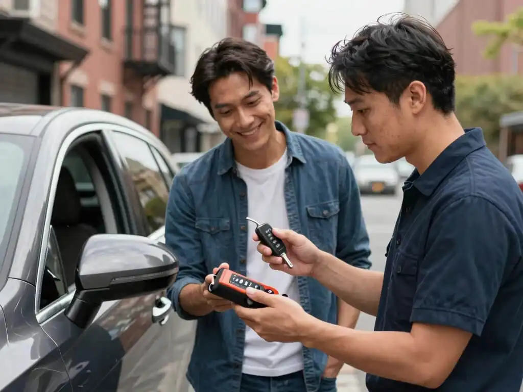 Licensed locksmith giving the costumer newly programmed car key in Brooklyn NY