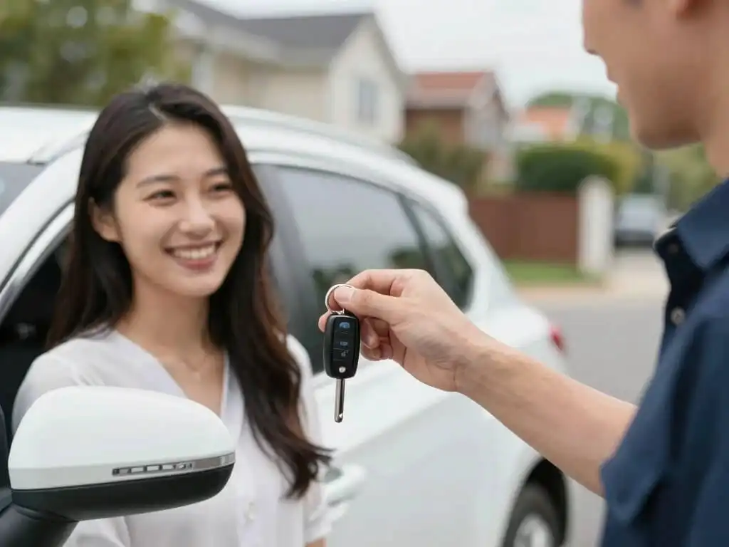 Licensed locksmith and Happy costumer receiving fixed car keys in Brooklyn NY
