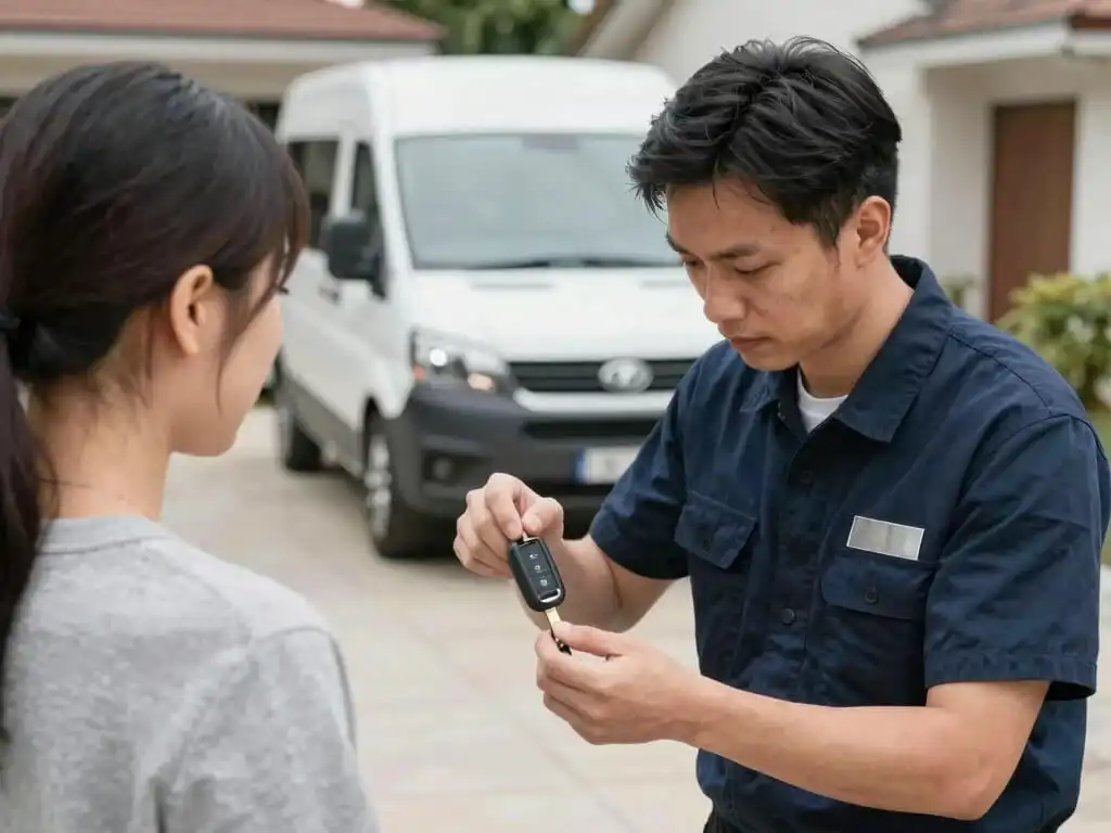 Licensed locksmith giving the client the finished car key replacement in Brooklyn NY
