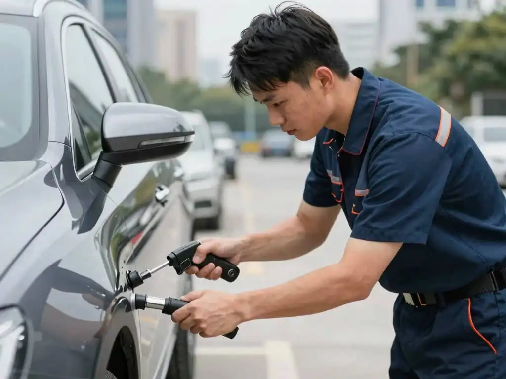 Licensed locksmith doing work on a car lockout in Brooklyn NY