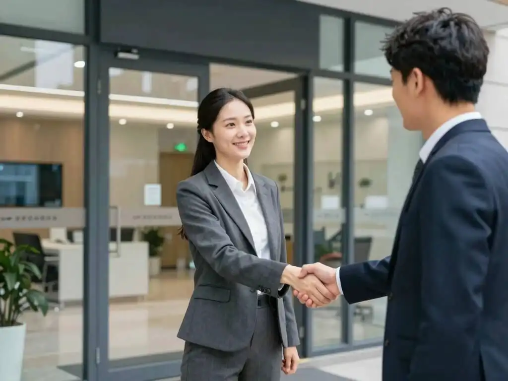 happy costumer shaking hands with a Licensed locksmith in Brooklyn NY