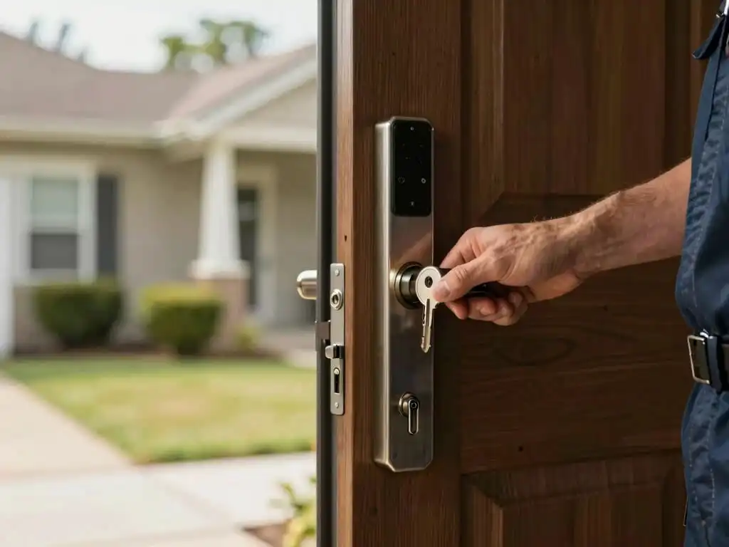close up image of locksmith servicing residential modern lock